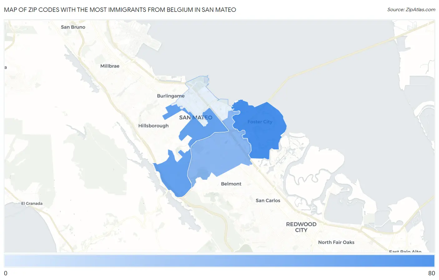Zip Codes with the Most Immigrants from Belgium in San Mateo Map