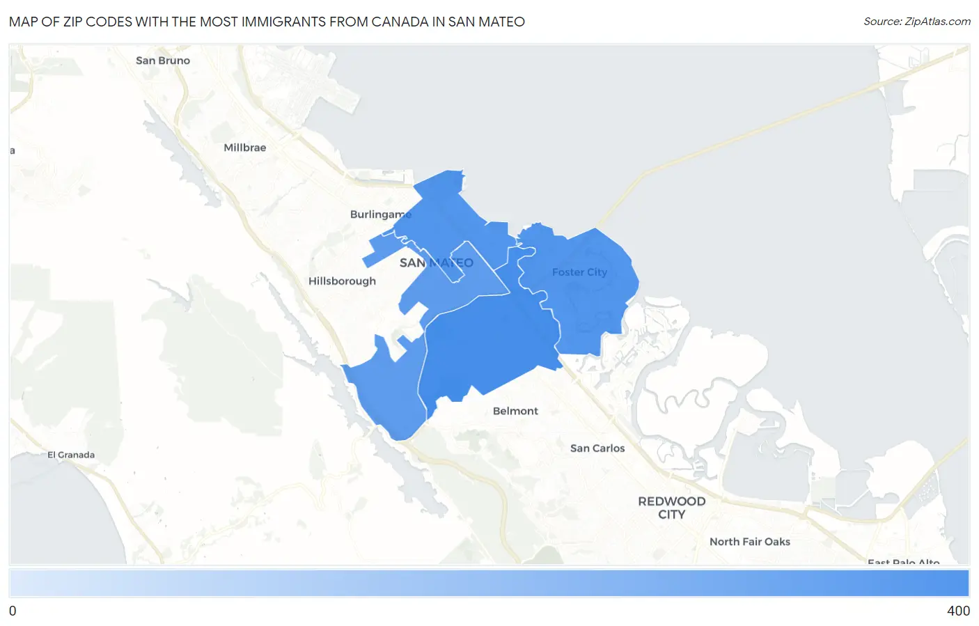 Zip Codes with the Most Immigrants from Canada in San Mateo Map