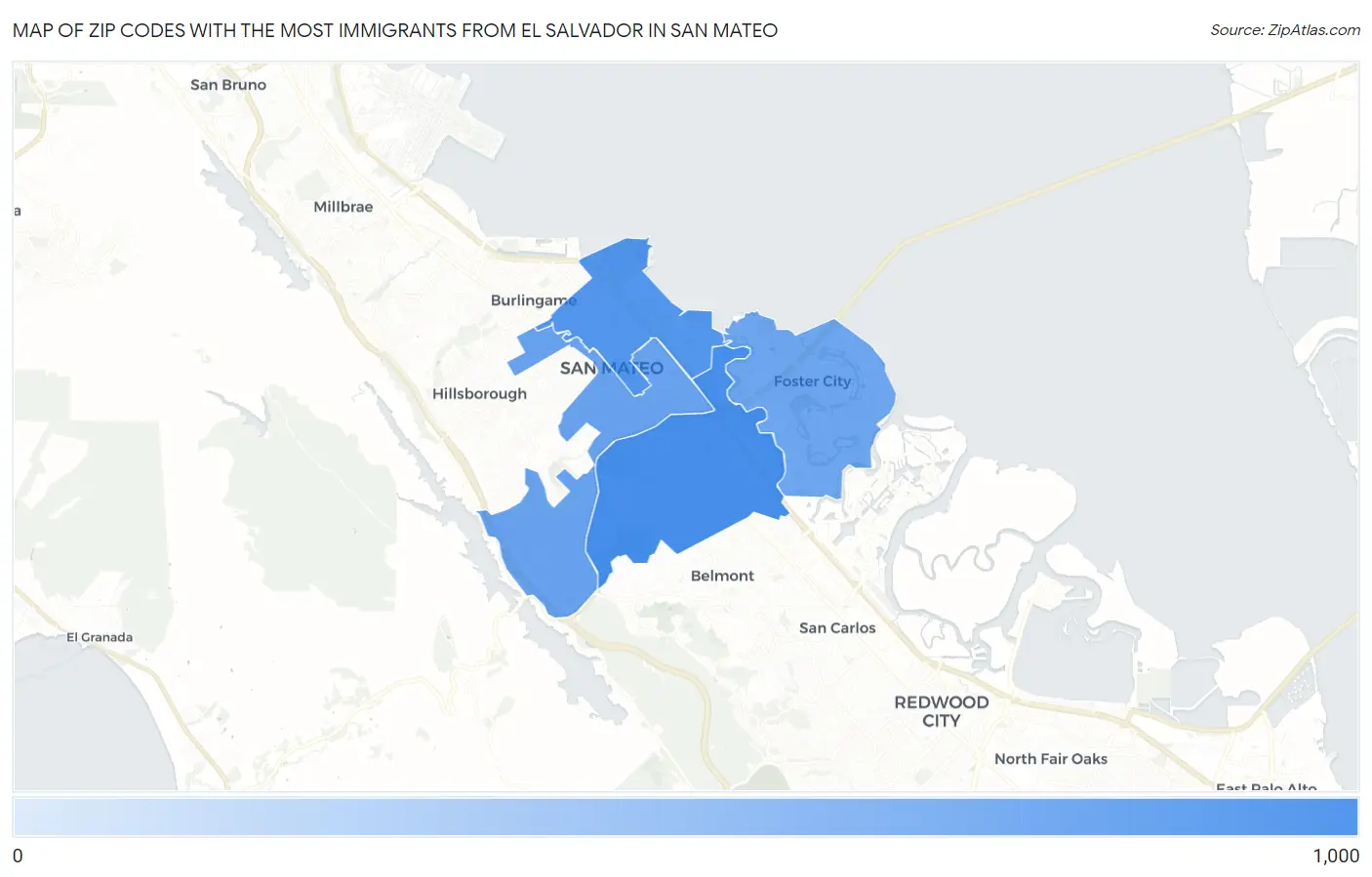 Zip Codes with the Most Immigrants from El Salvador in San Mateo Map
