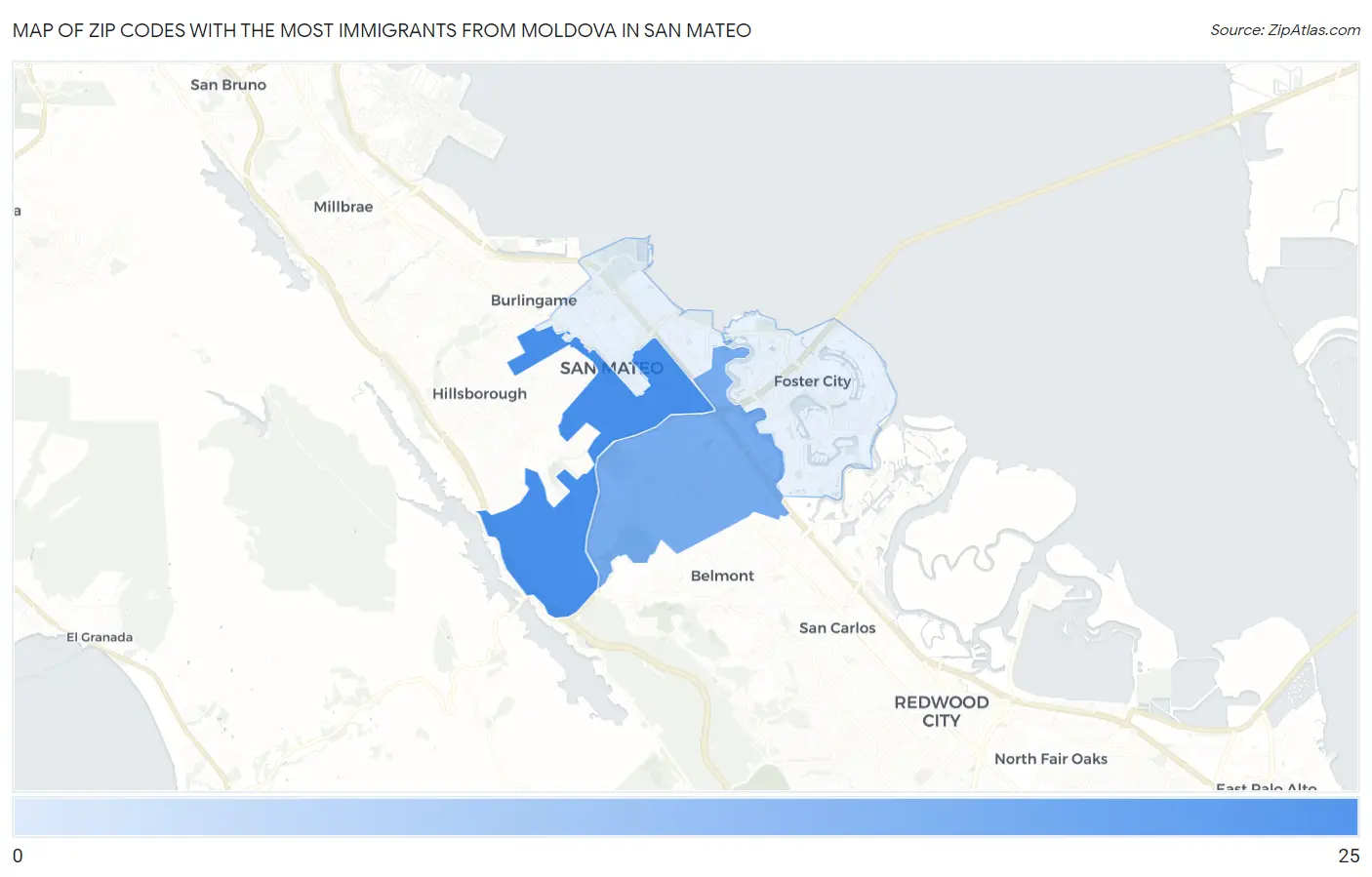 Zip Codes with the Most Immigrants from Moldova in San Mateo Map