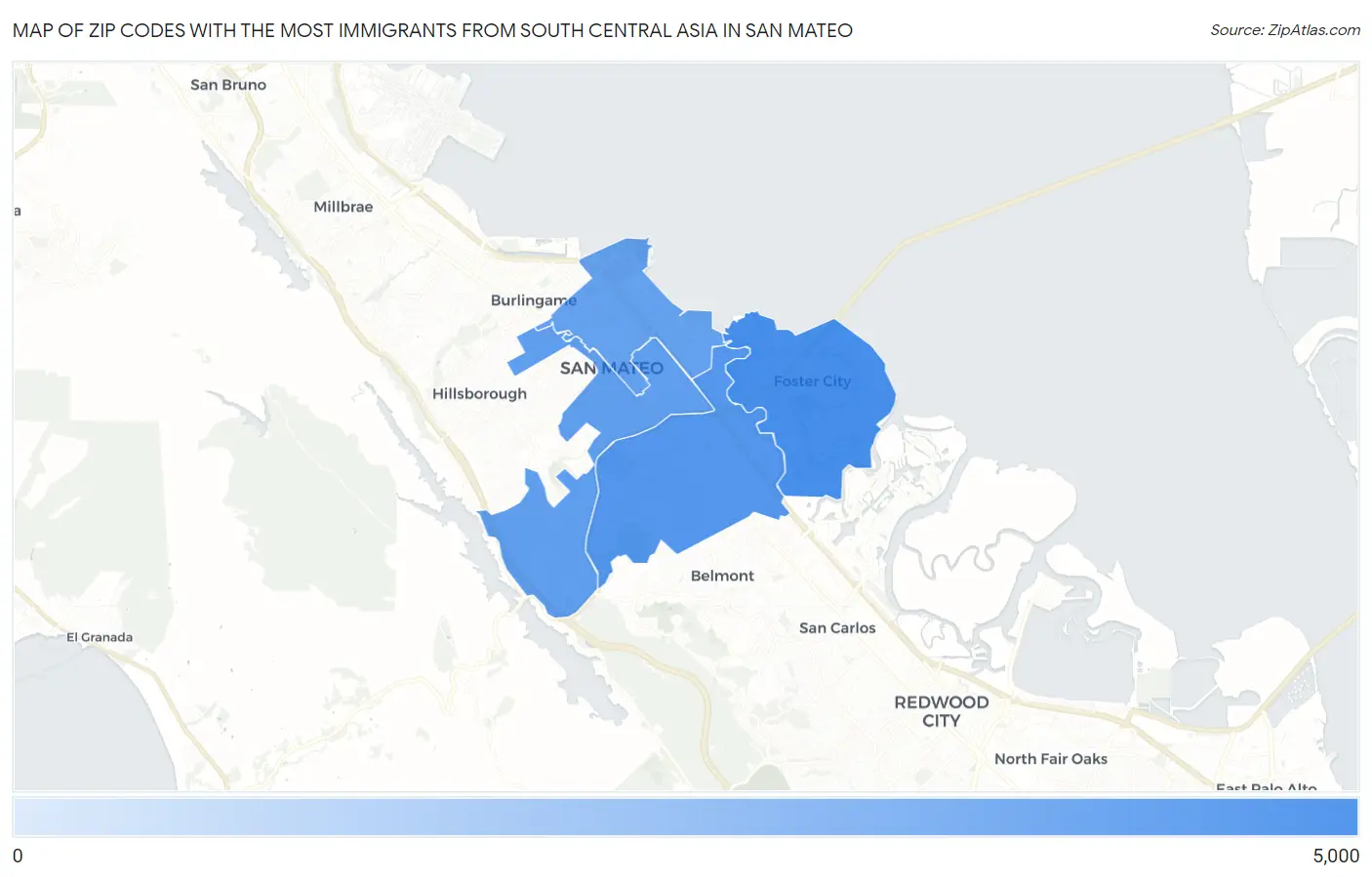 Zip Codes with the Most Immigrants from South Central Asia in San Mateo Map