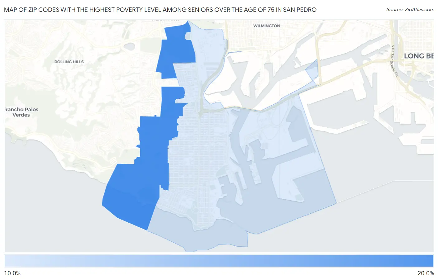 Zip Codes with the Highest Poverty Level Among Seniors Over the Age of 75 in San Pedro Map