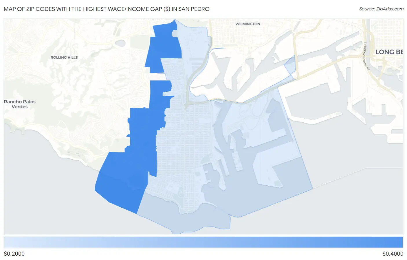 Zip Codes with the Highest Wage/Income Gap ($) in San Pedro Map