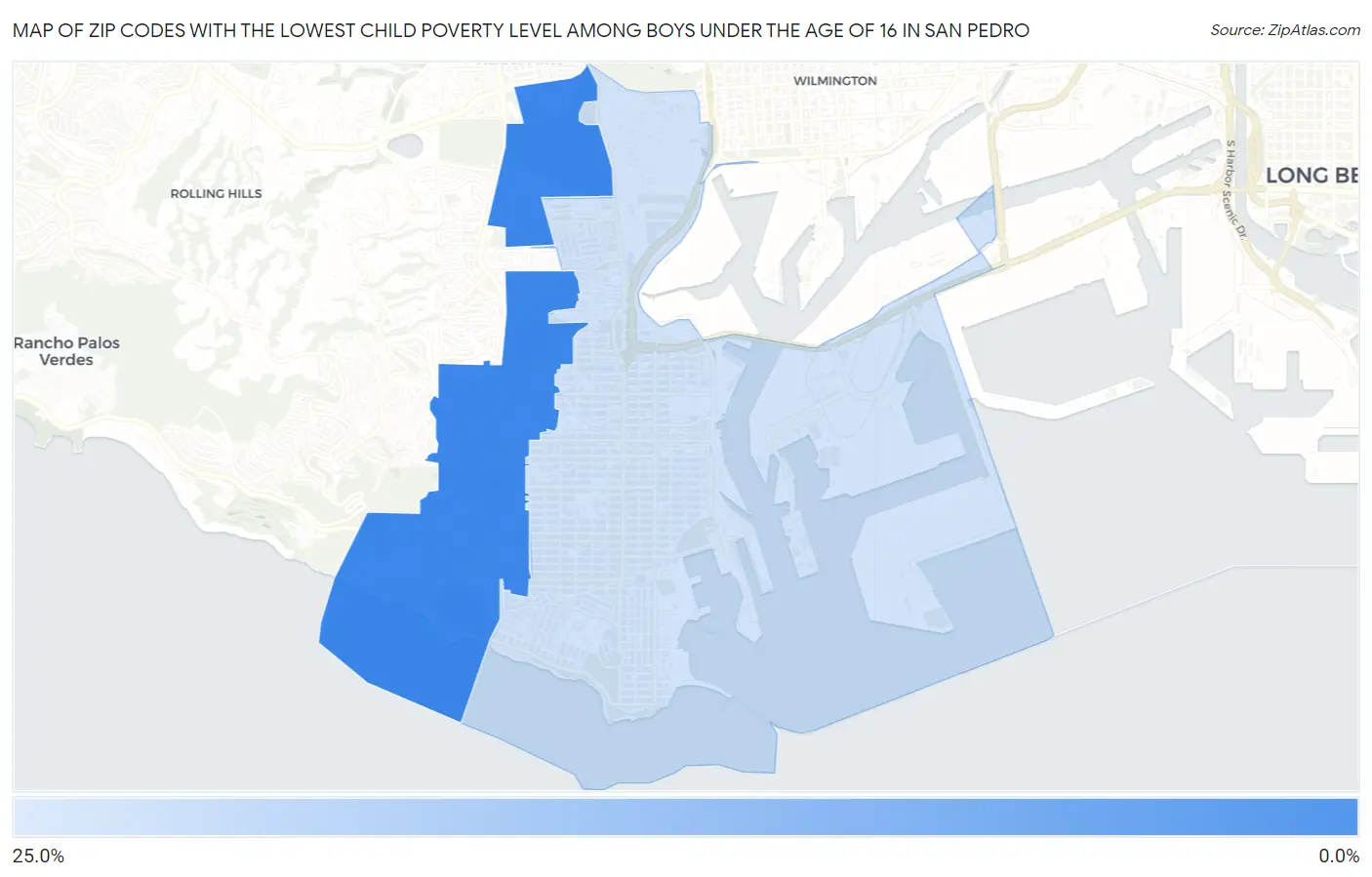 Zip Codes with the Lowest Child Poverty Level Among Boys Under the Age of 16 in San Pedro Map
