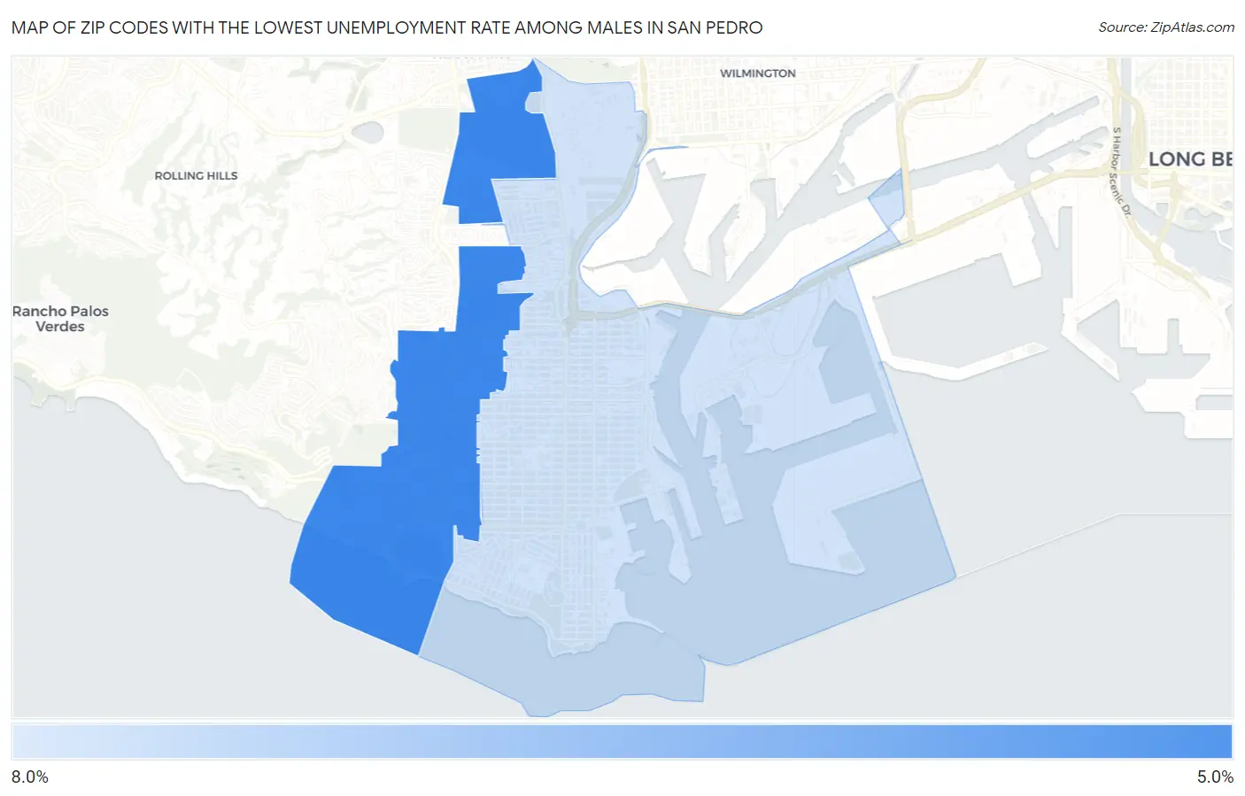 Zip Codes with the Lowest Unemployment Rate Among Males in San Pedro Map