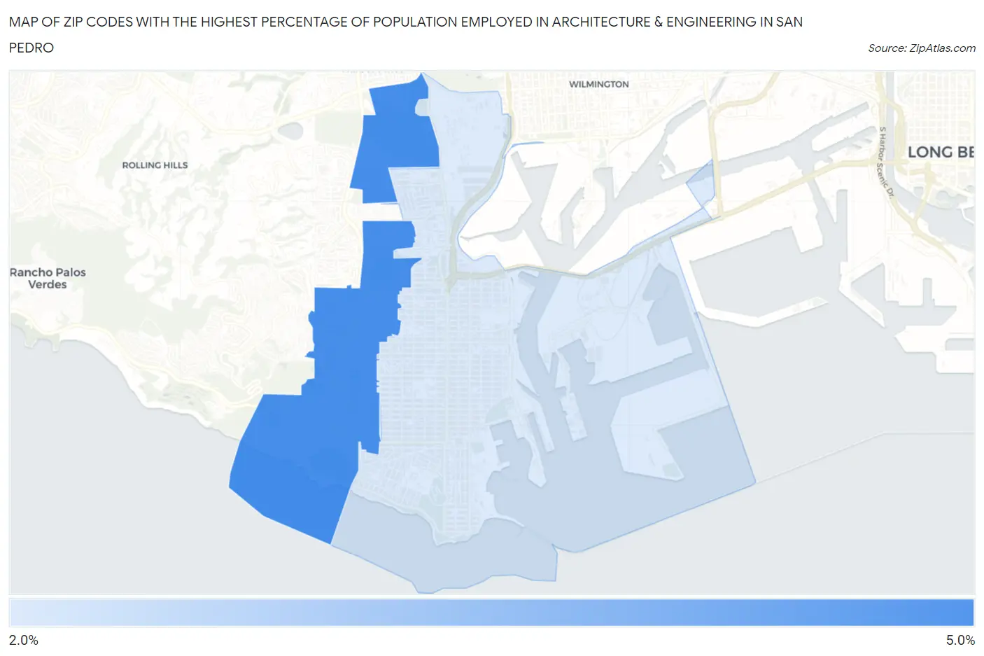 Zip Codes with the Highest Percentage of Population Employed in Architecture & Engineering in San Pedro Map