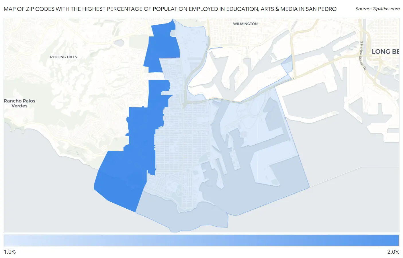 Zip Codes with the Highest Percentage of Population Employed in Education, Arts & Media in San Pedro Map