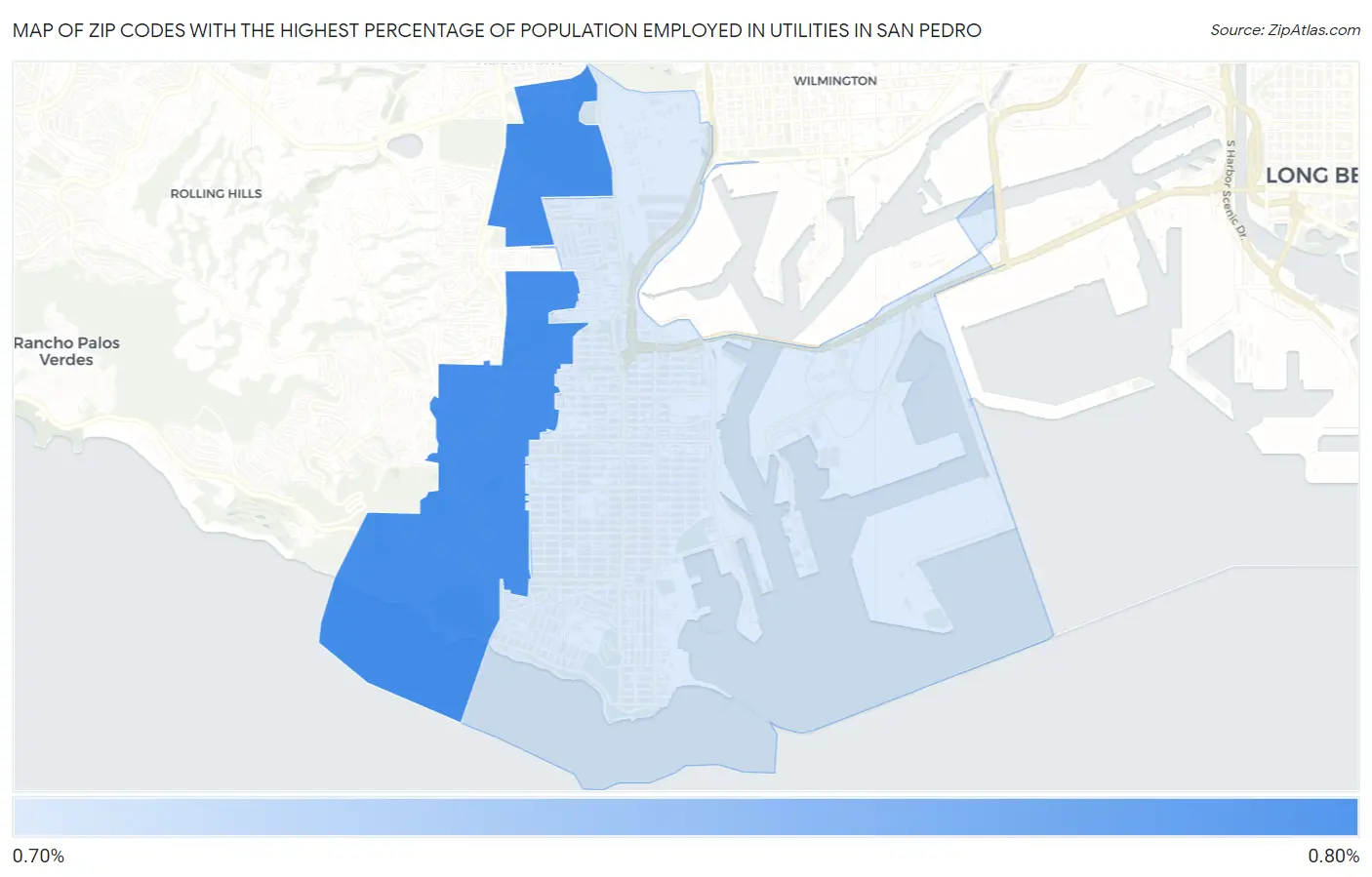 Zip Codes with the Highest Percentage of Population Employed in Utilities in San Pedro Map