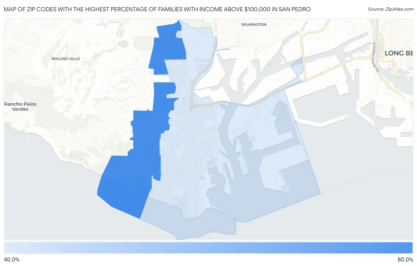 Zip Codes with the Highest Percentage of Families with Income Above $100,000 in San Pedro Map