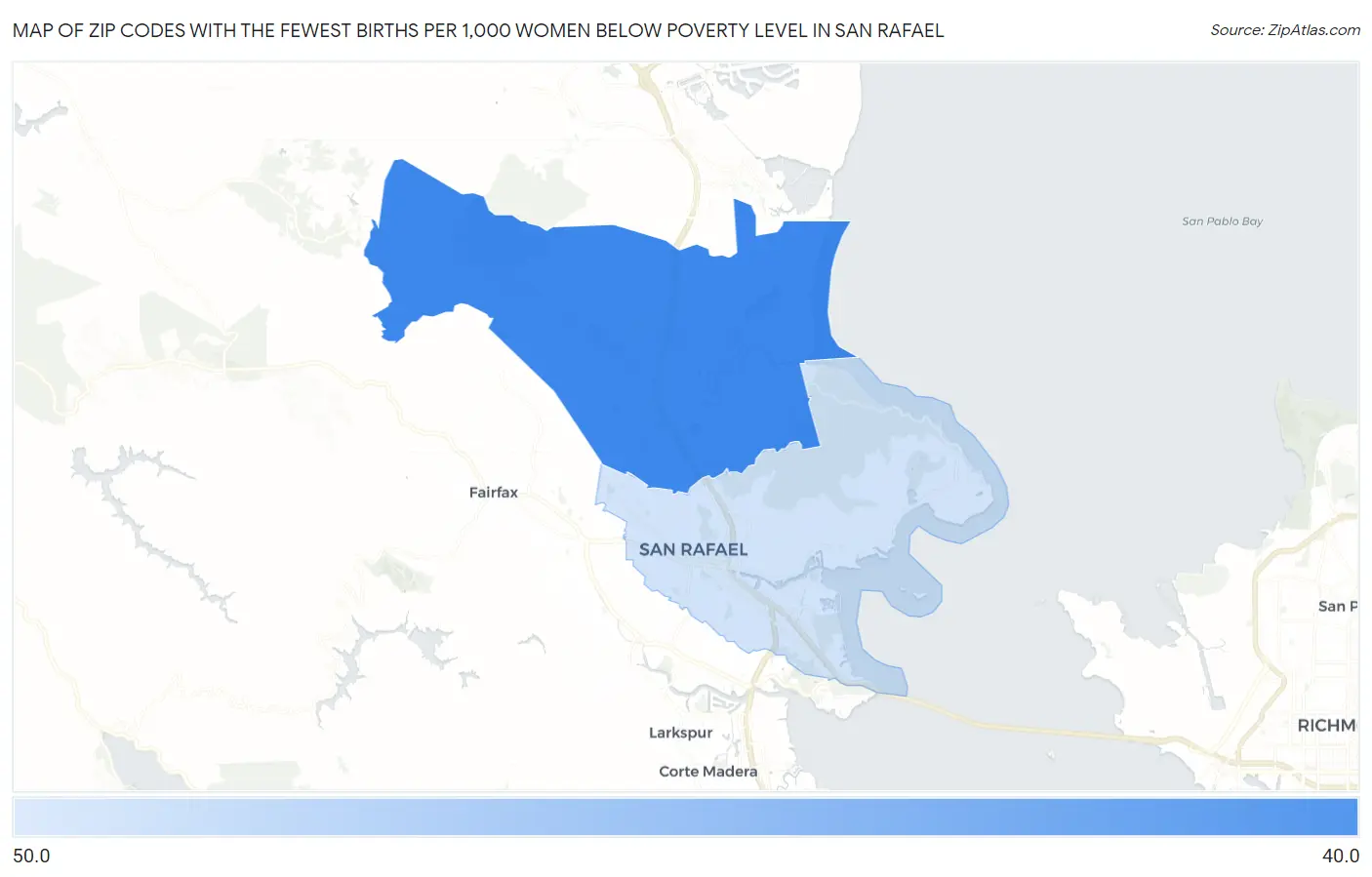 Zip Codes with the Fewest Births per 1,000 Women Below Poverty Level in San Rafael Map