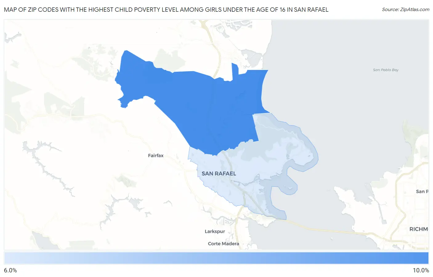 Zip Codes with the Highest Child Poverty Level Among Girls Under the Age of 16 in San Rafael Map