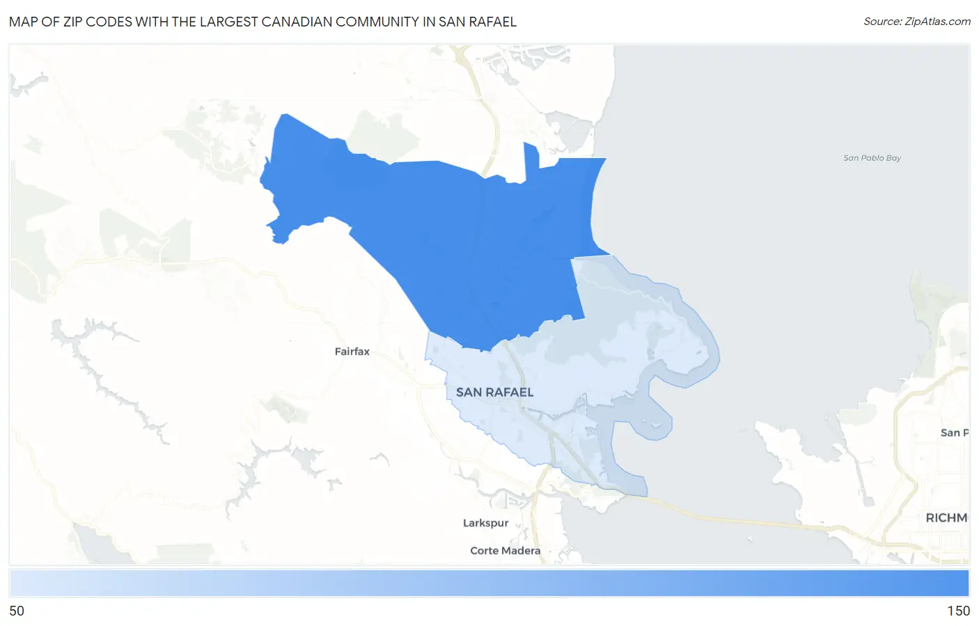 Zip Codes with the Largest Canadian Community in San Rafael Map