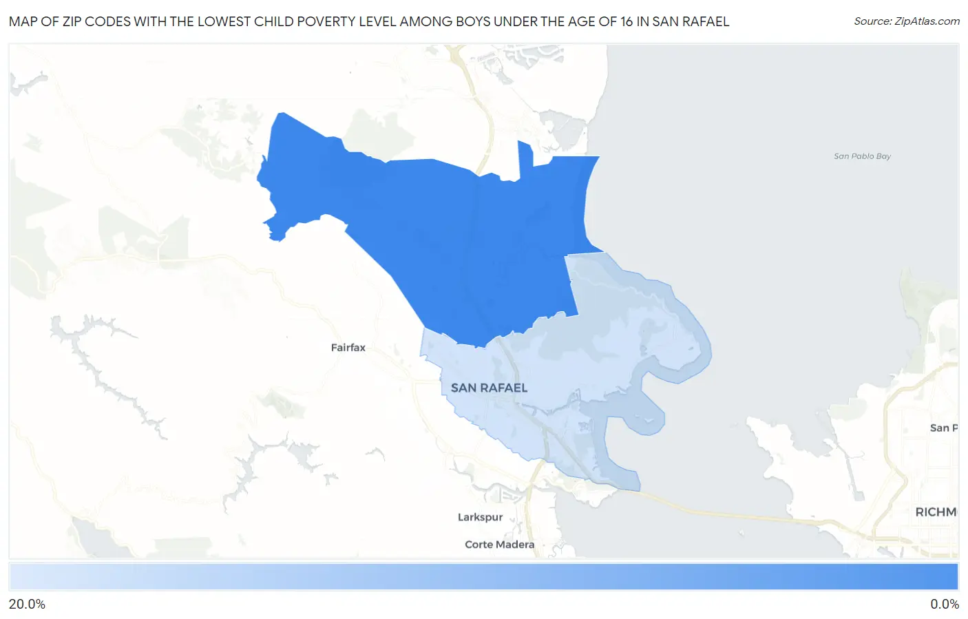 Zip Codes with the Lowest Child Poverty Level Among Boys Under the Age of 16 in San Rafael Map