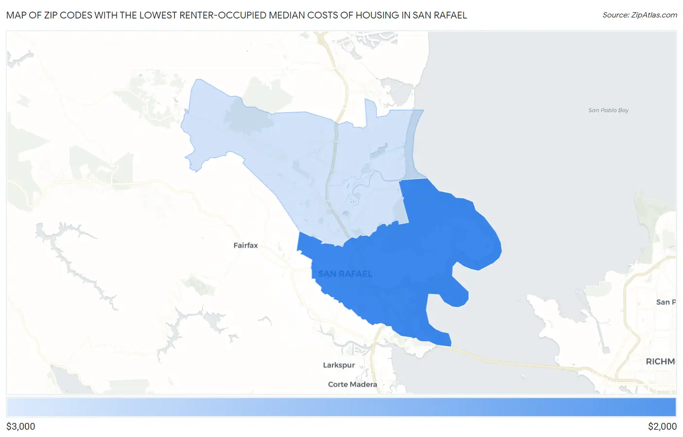 Zip Codes with the Lowest Renter-Occupied Median Costs of Housing in San Rafael Map