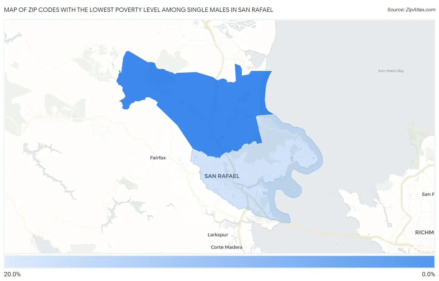 Zip Codes with the Lowest Poverty Level Among Single Males in San Rafael Map