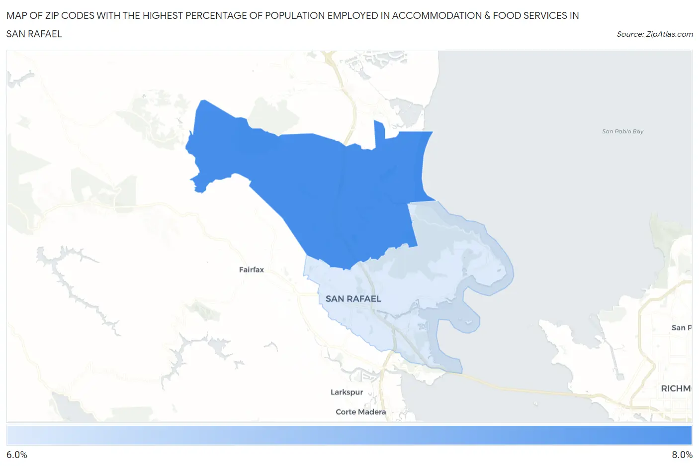 Zip Codes with the Highest Percentage of Population Employed in Accommodation & Food Services in San Rafael Map