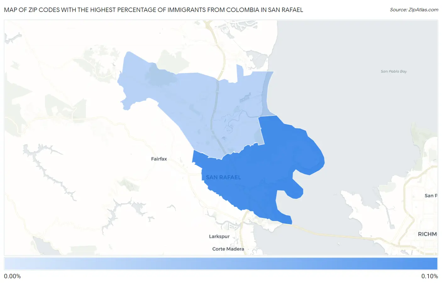 Zip Codes with the Highest Percentage of Immigrants from Colombia in San Rafael Map