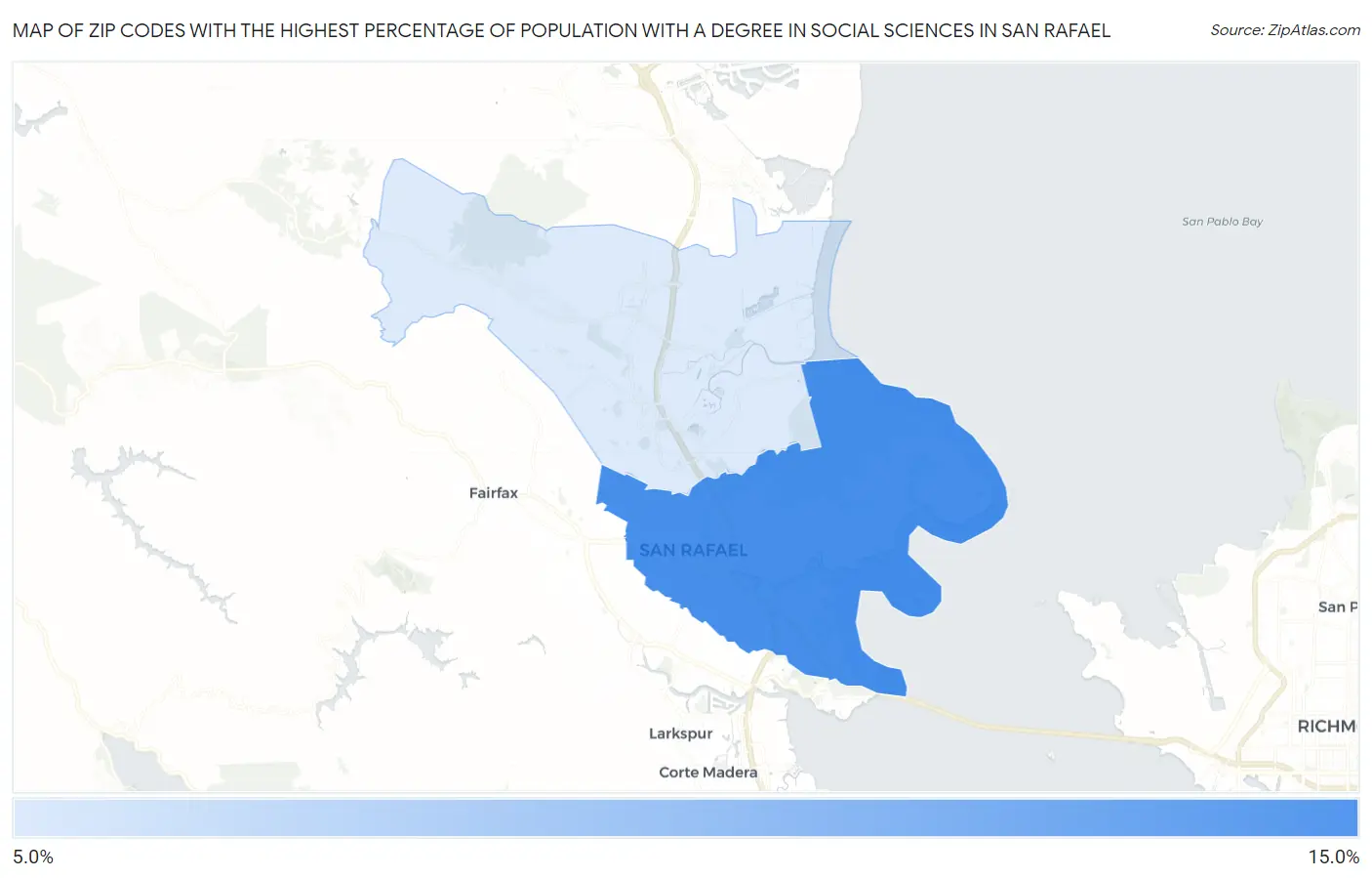 Zip Codes with the Highest Percentage of Population with a Degree in Social Sciences in San Rafael Map
