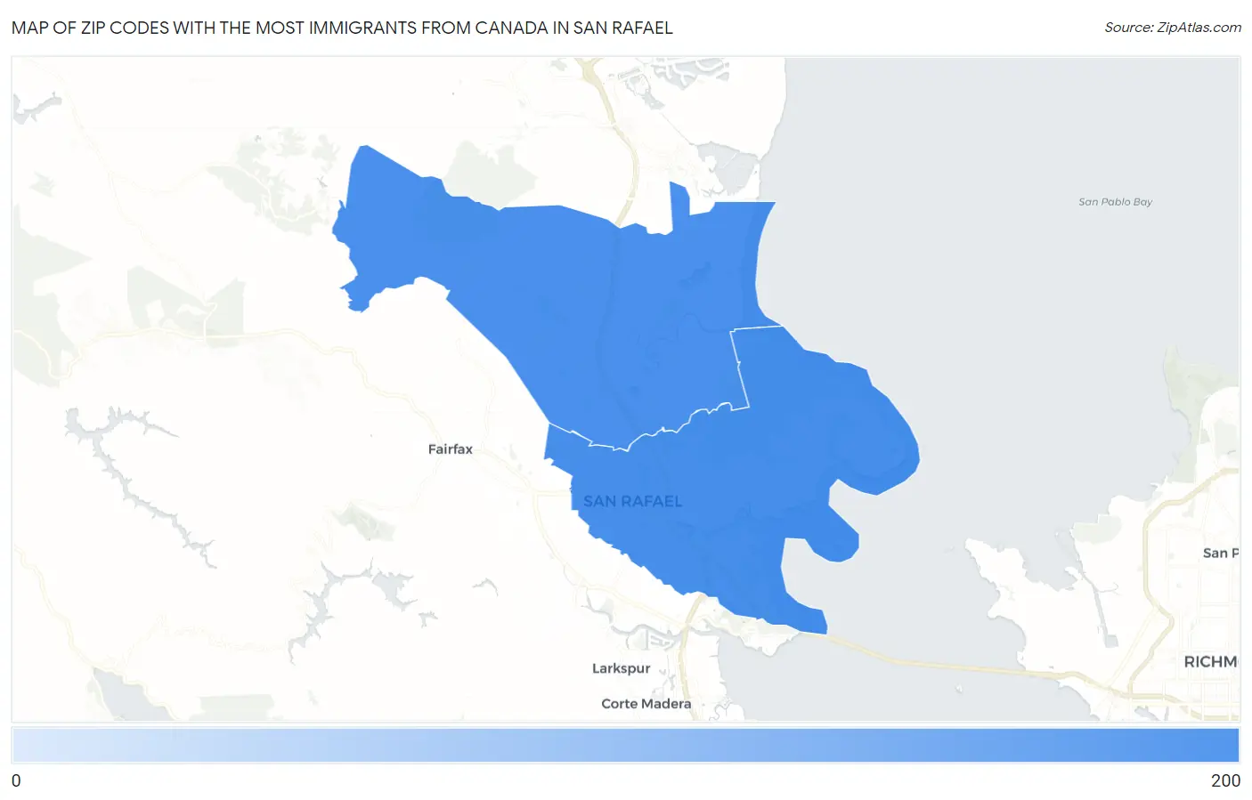 Zip Codes with the Most Immigrants from Canada in San Rafael Map