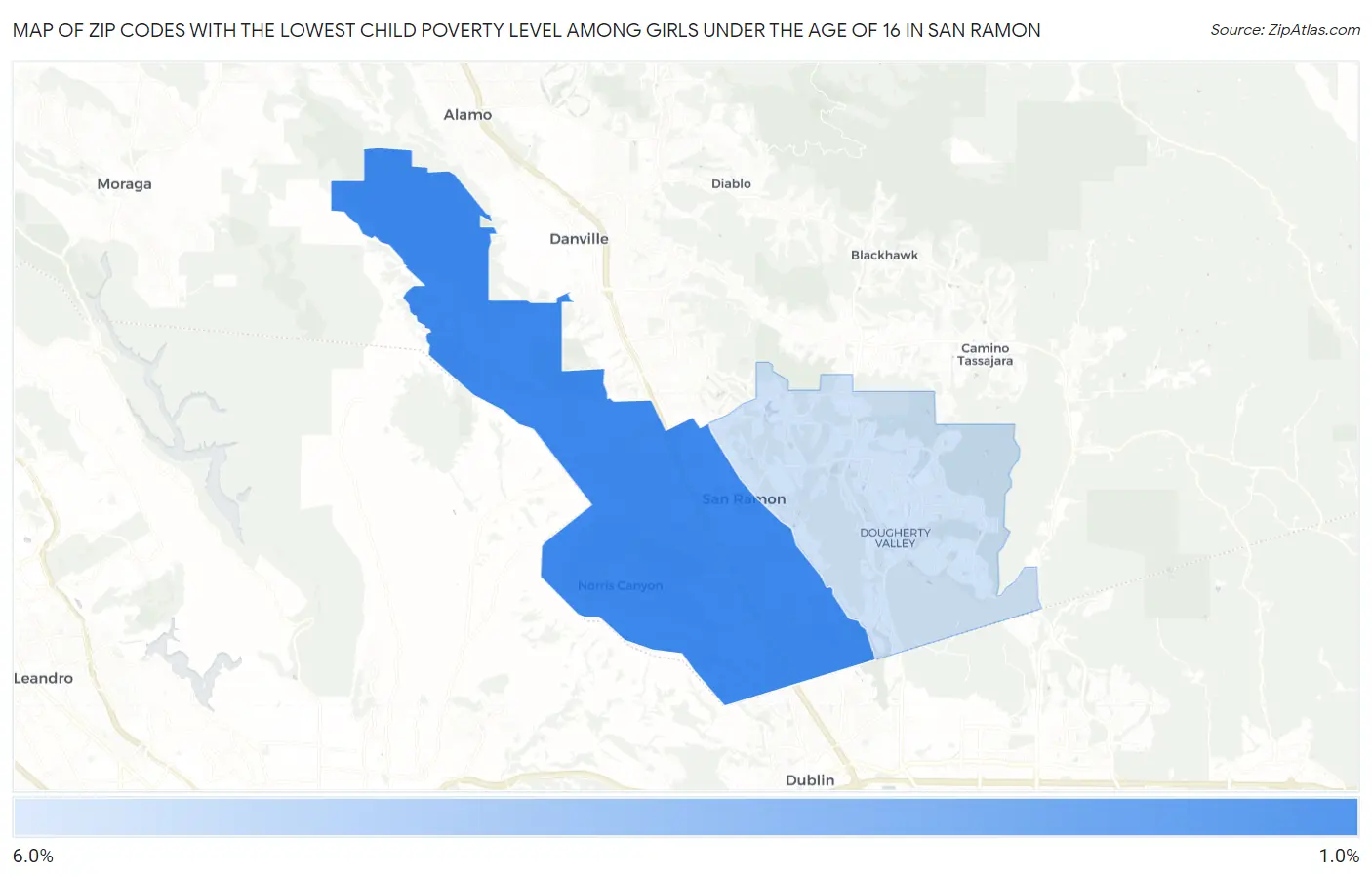 Zip Codes with the Lowest Child Poverty Level Among Girls Under the Age of 16 in San Ramon Map