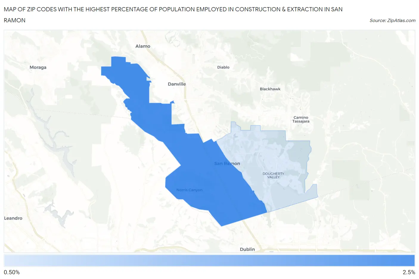 Zip Codes with the Highest Percentage of Population Employed in Construction & Extraction in San Ramon Map