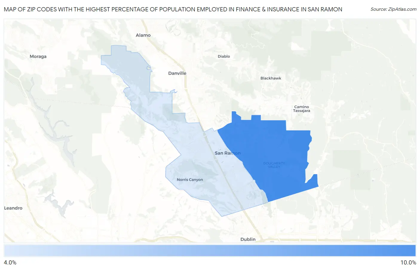 Zip Codes with the Highest Percentage of Population Employed in Finance & Insurance in San Ramon Map
