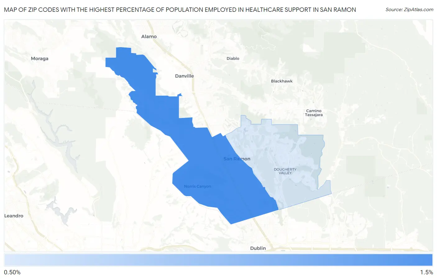 Zip Codes with the Highest Percentage of Population Employed in Healthcare Support in San Ramon Map