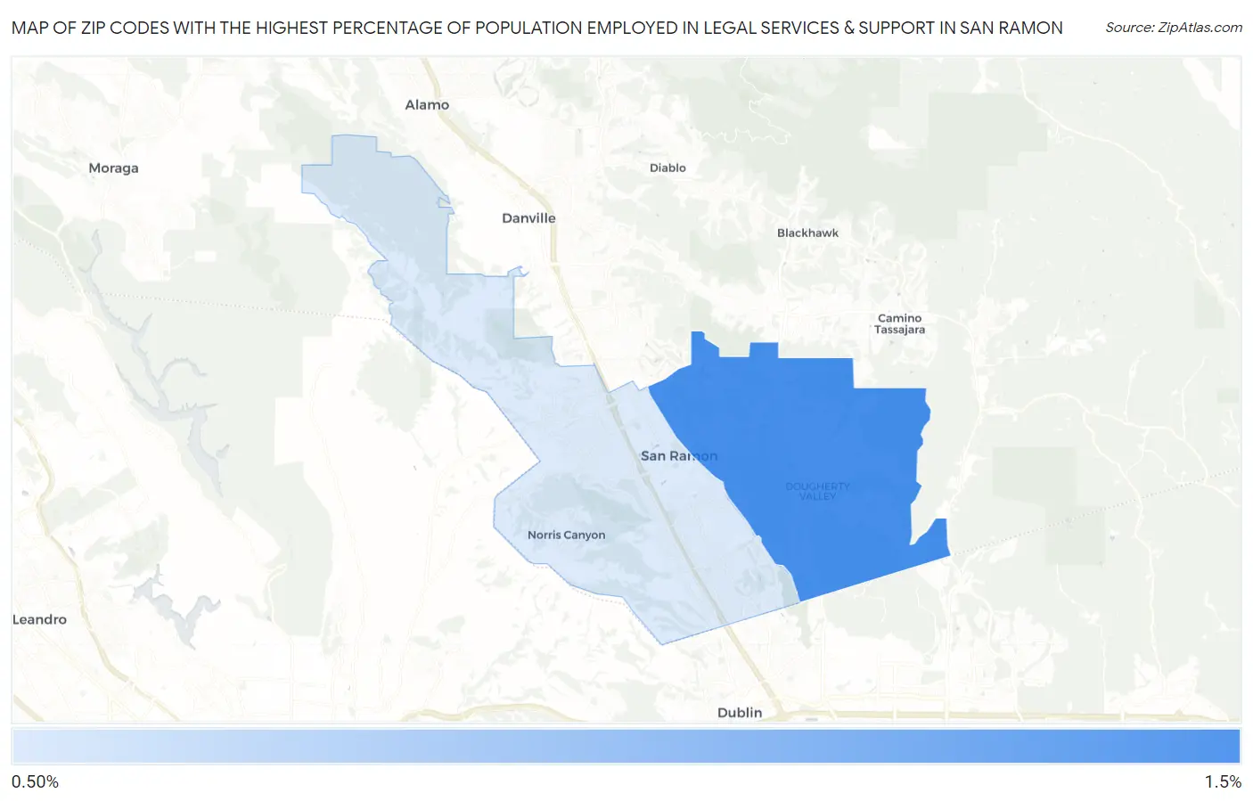 Zip Codes with the Highest Percentage of Population Employed in Legal Services & Support in San Ramon Map