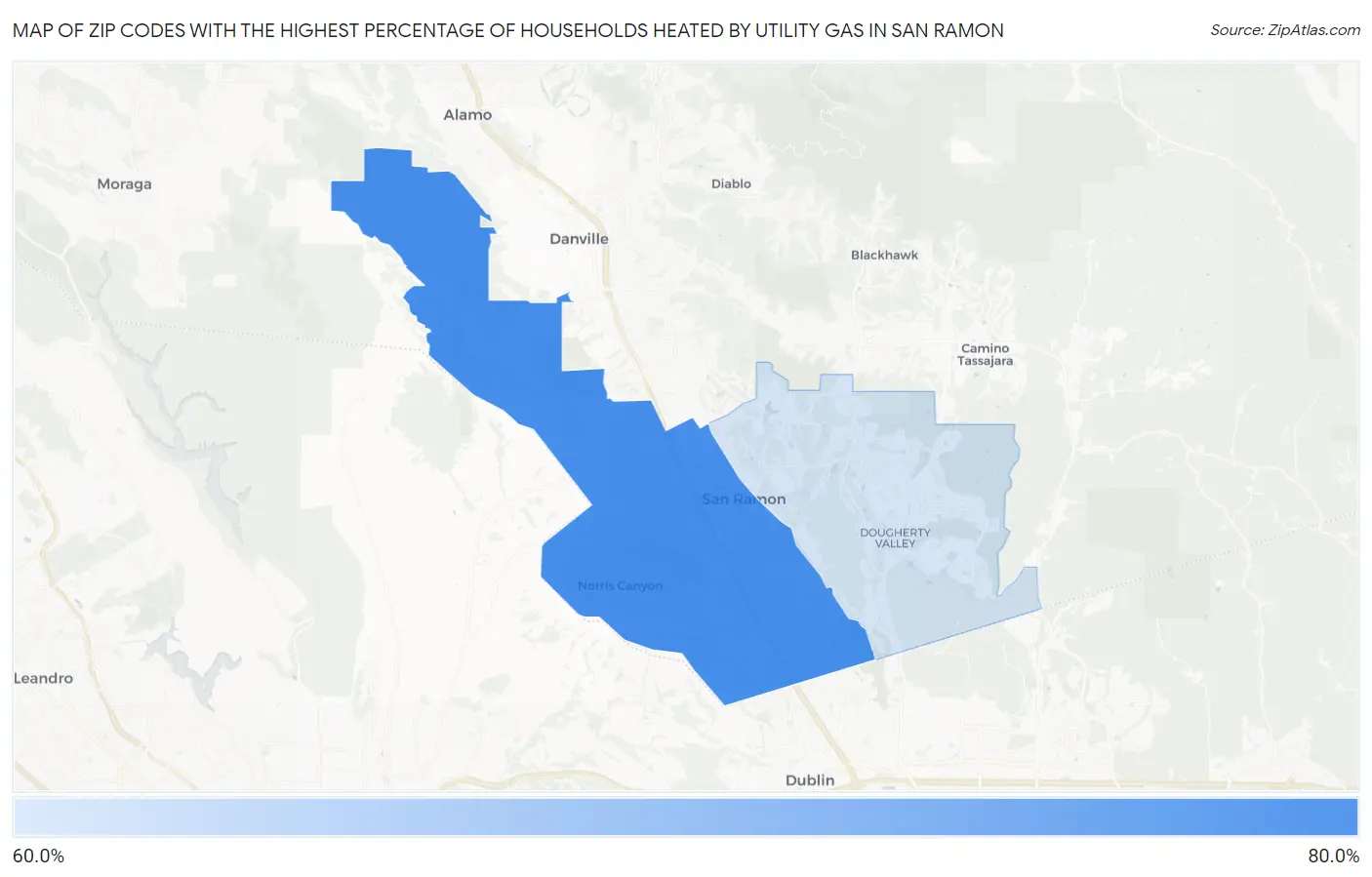 Zip Codes with the Highest Percentage of Households Heated by Utility Gas in San Ramon Map