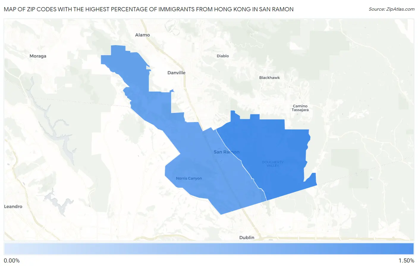 Zip Codes with the Highest Percentage of Immigrants from Hong Kong in San Ramon Map