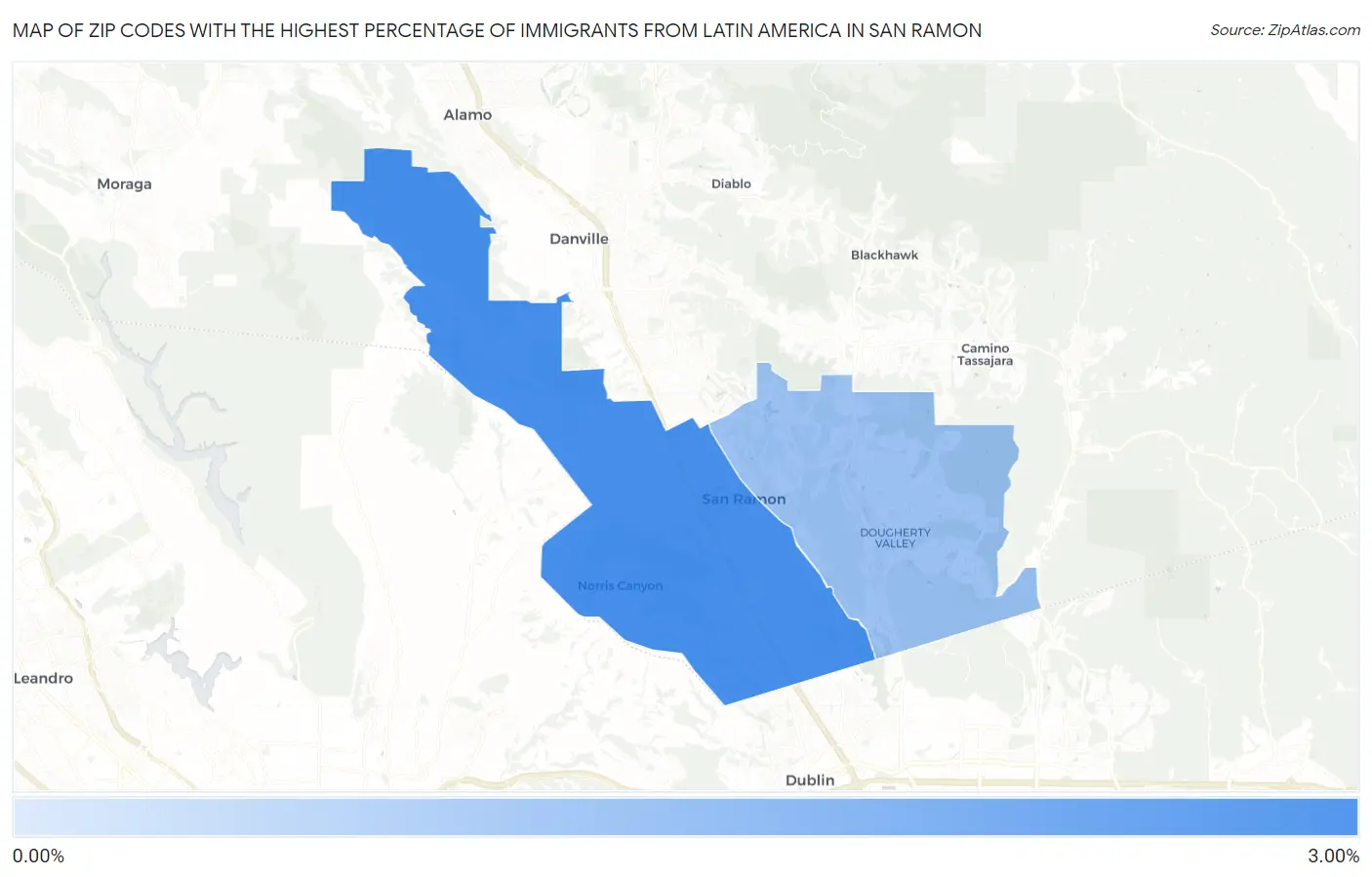 Zip Codes with the Highest Percentage of Immigrants from Latin America in San Ramon Map
