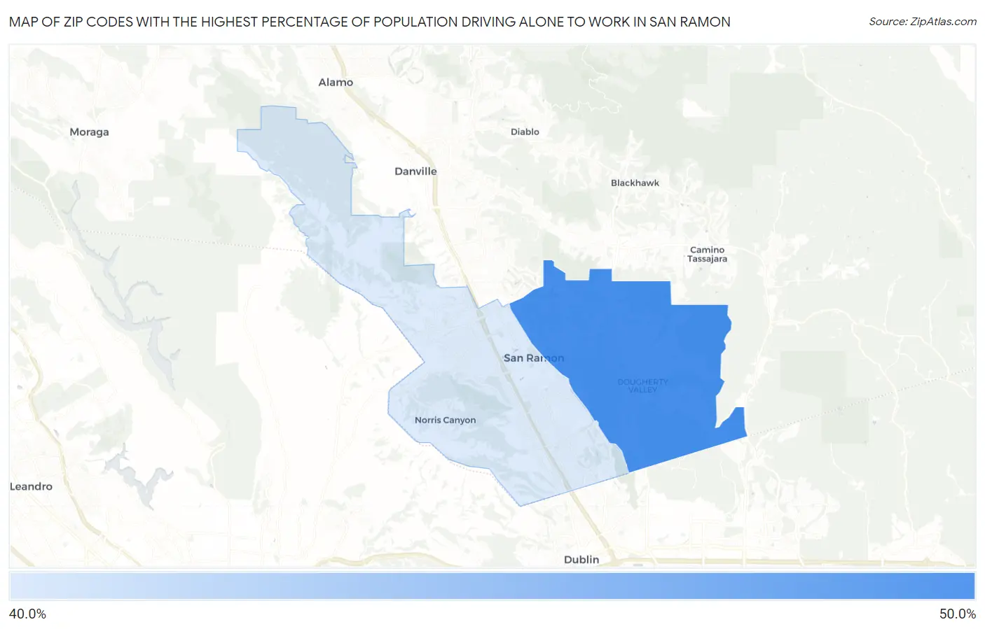 Zip Codes with the Highest Percentage of Population Driving Alone to Work in San Ramon Map
