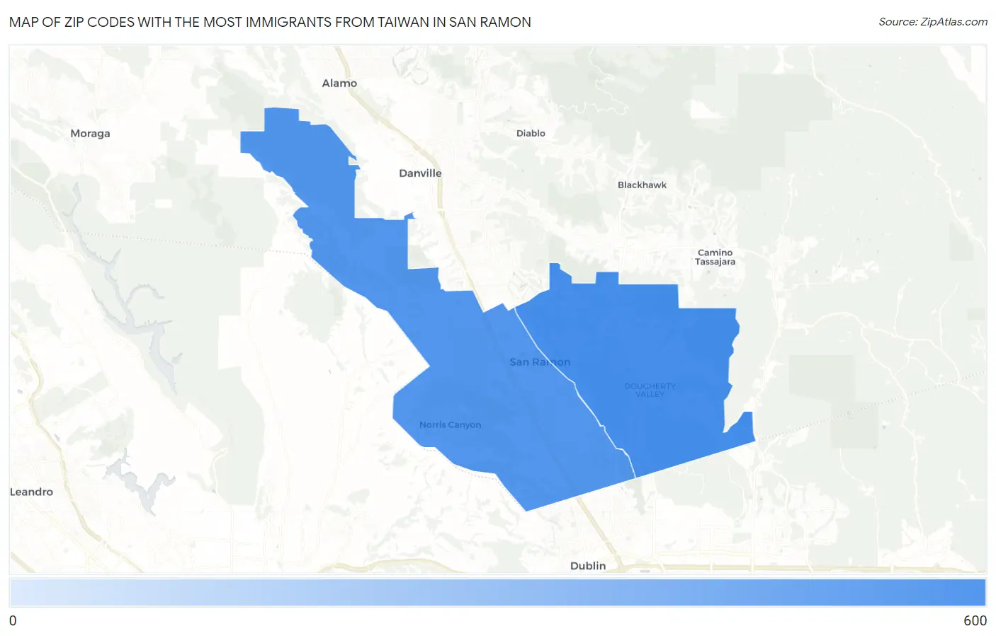 Zip Codes with the Most Immigrants from Taiwan in San Ramon Map