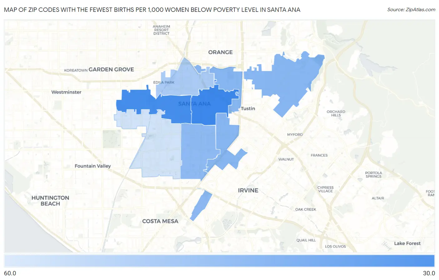Zip Codes with the Fewest Births per 1,000 Women Below Poverty Level in Santa Ana Map