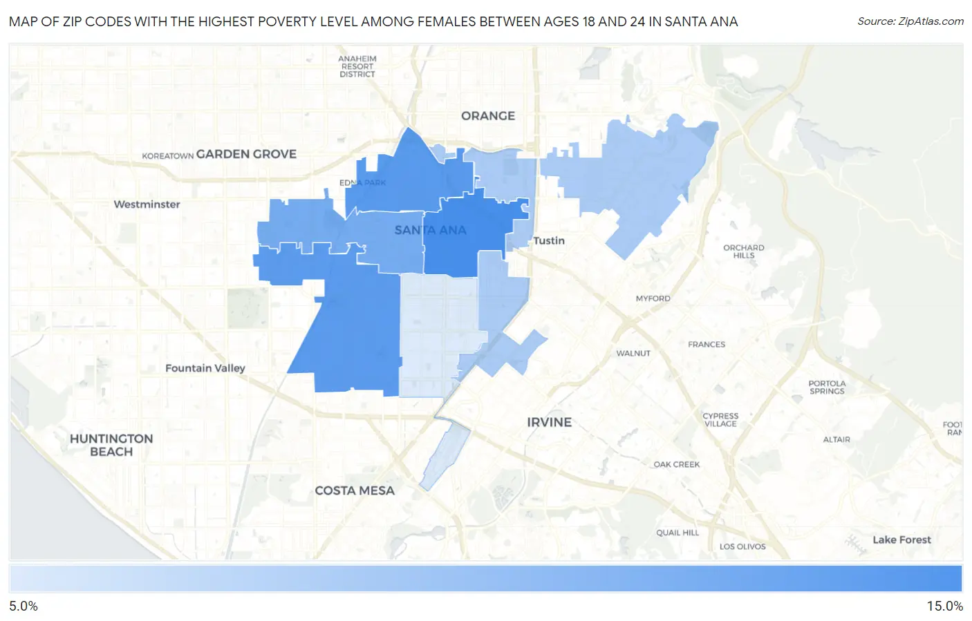 Zip Codes with the Highest Poverty Level Among Females Between Ages 18 and 24 in Santa Ana Map