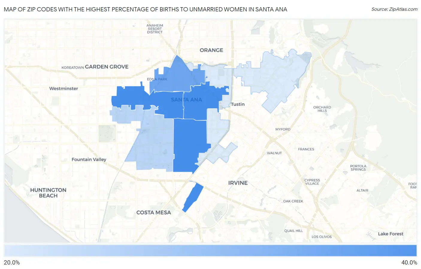 Zip Codes with the Highest Percentage of Births to Unmarried Women in Santa Ana Map