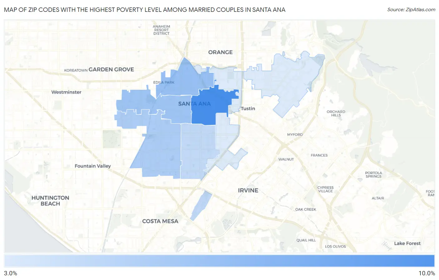 Zip Codes with the Highest Poverty Level Among Married Couples in Santa Ana Map