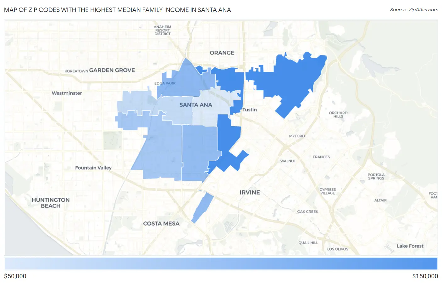 Zip Codes with the Highest Median Family Income in Santa Ana Map