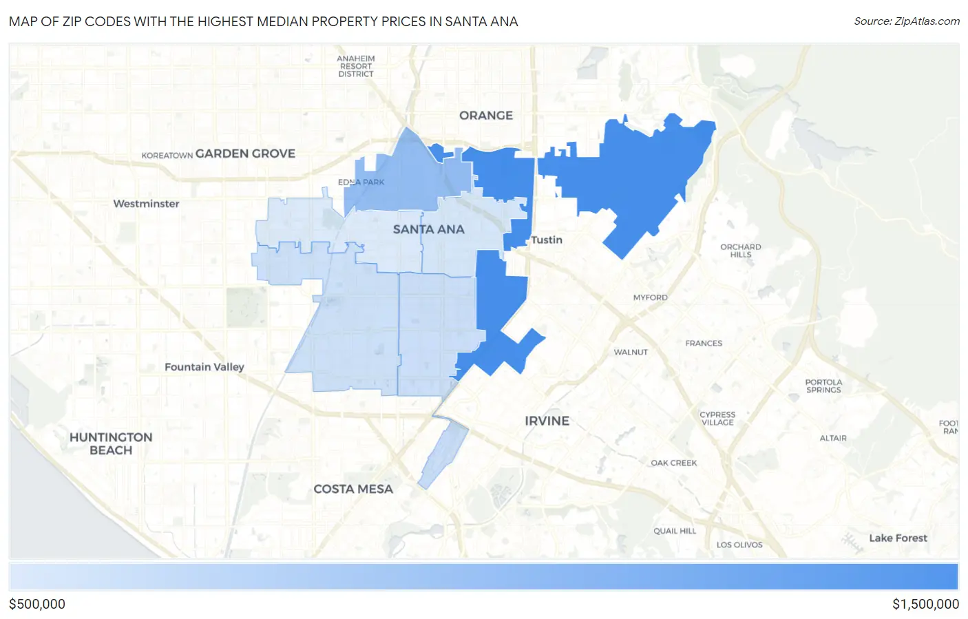 Zip Codes with the Highest Median Property Prices in Santa Ana Map
