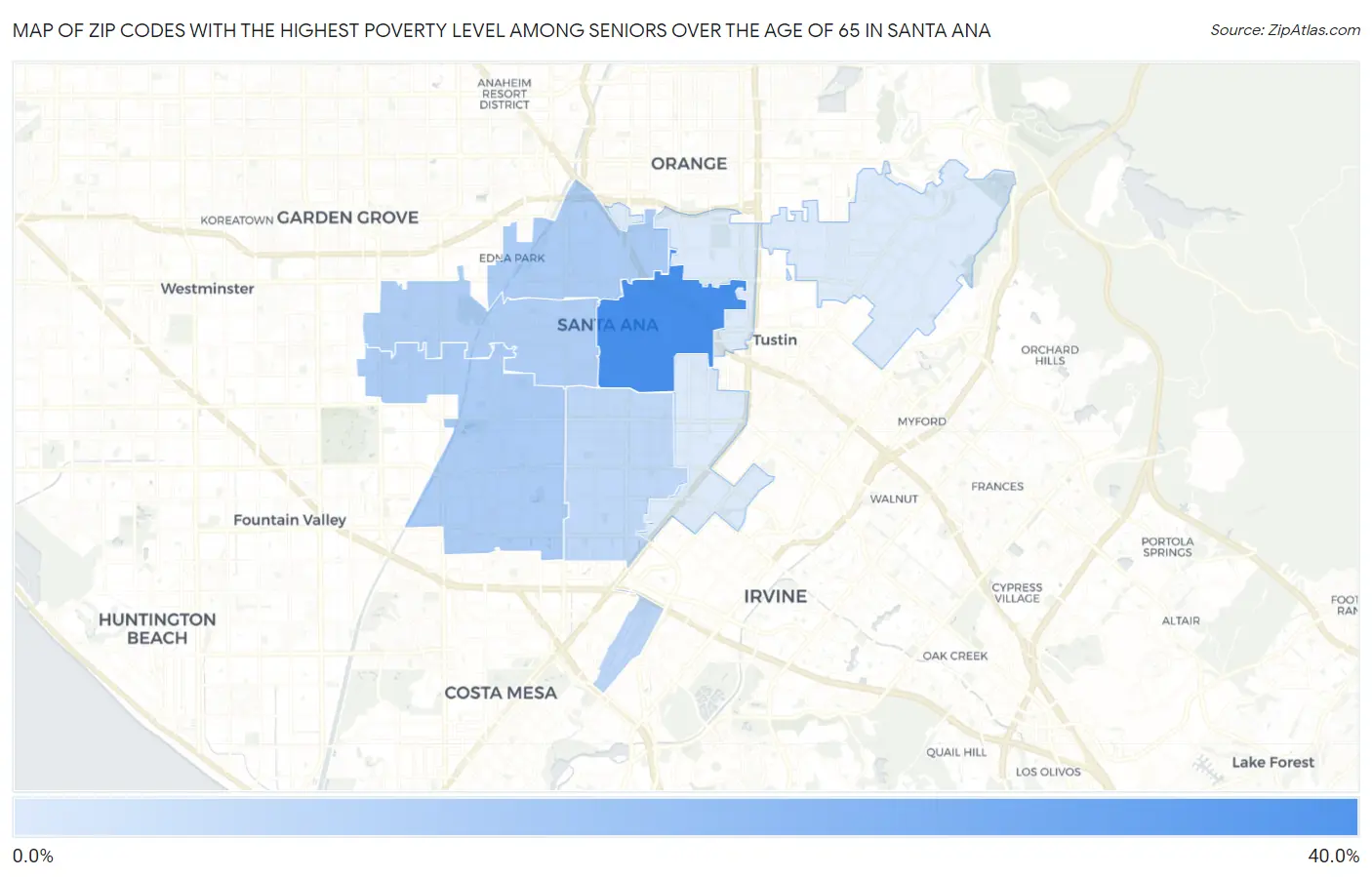 Zip Codes with the Highest Poverty Level Among Seniors Over the Age of 65 in Santa Ana Map