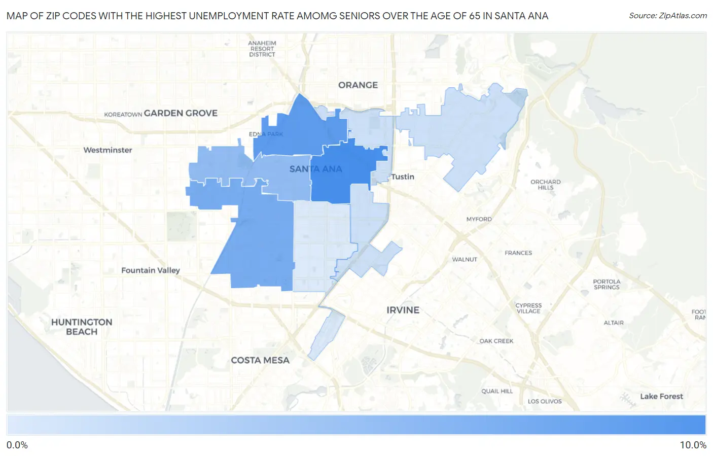Zip Codes with the Highest Unemployment Rate Amomg Seniors Over the Age of 65 in Santa Ana Map