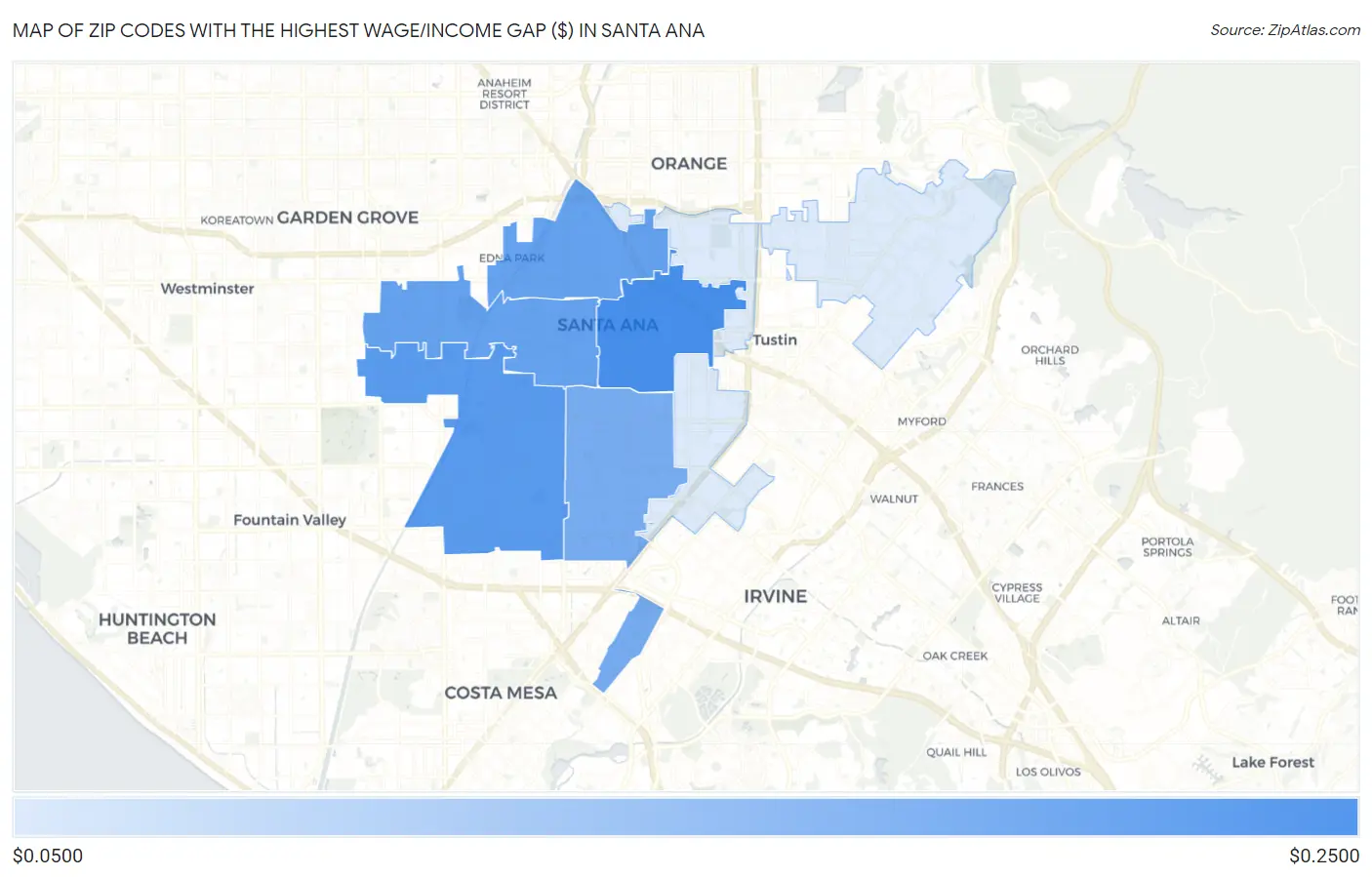 Zip Codes with the Highest Wage/Income Gap ($) in Santa Ana Map