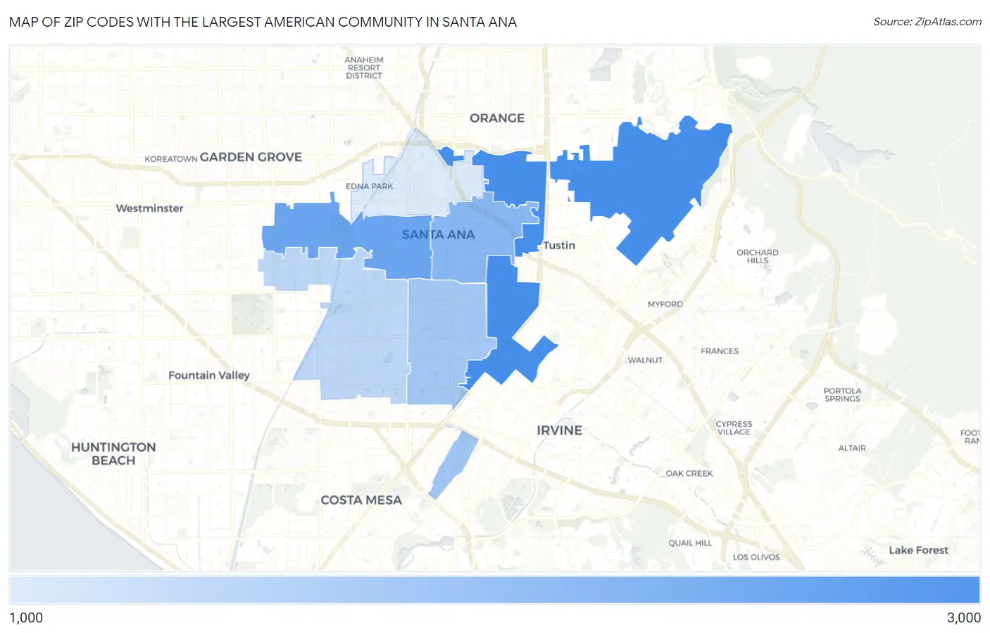 Zip Codes with the Largest American Community in Santa Ana Map