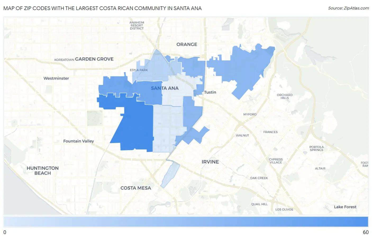 Zip Codes with the Largest Costa Rican Community in Santa Ana Map