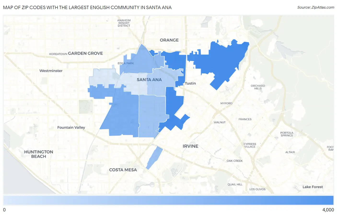 Zip Codes with the Largest English Community in Santa Ana Map