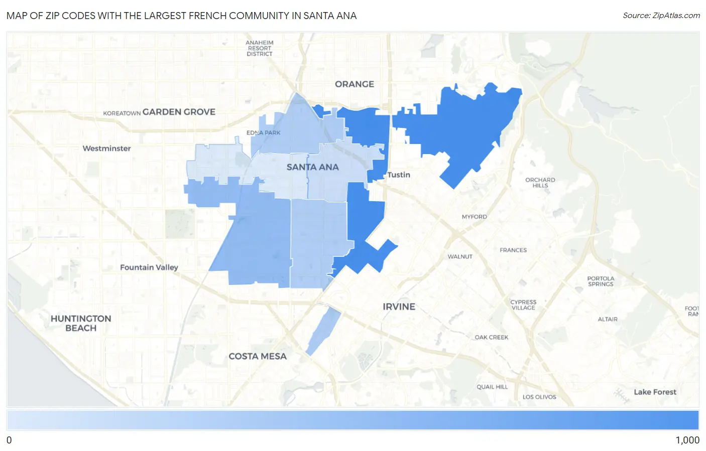 Zip Codes with the Largest French Community in Santa Ana Map