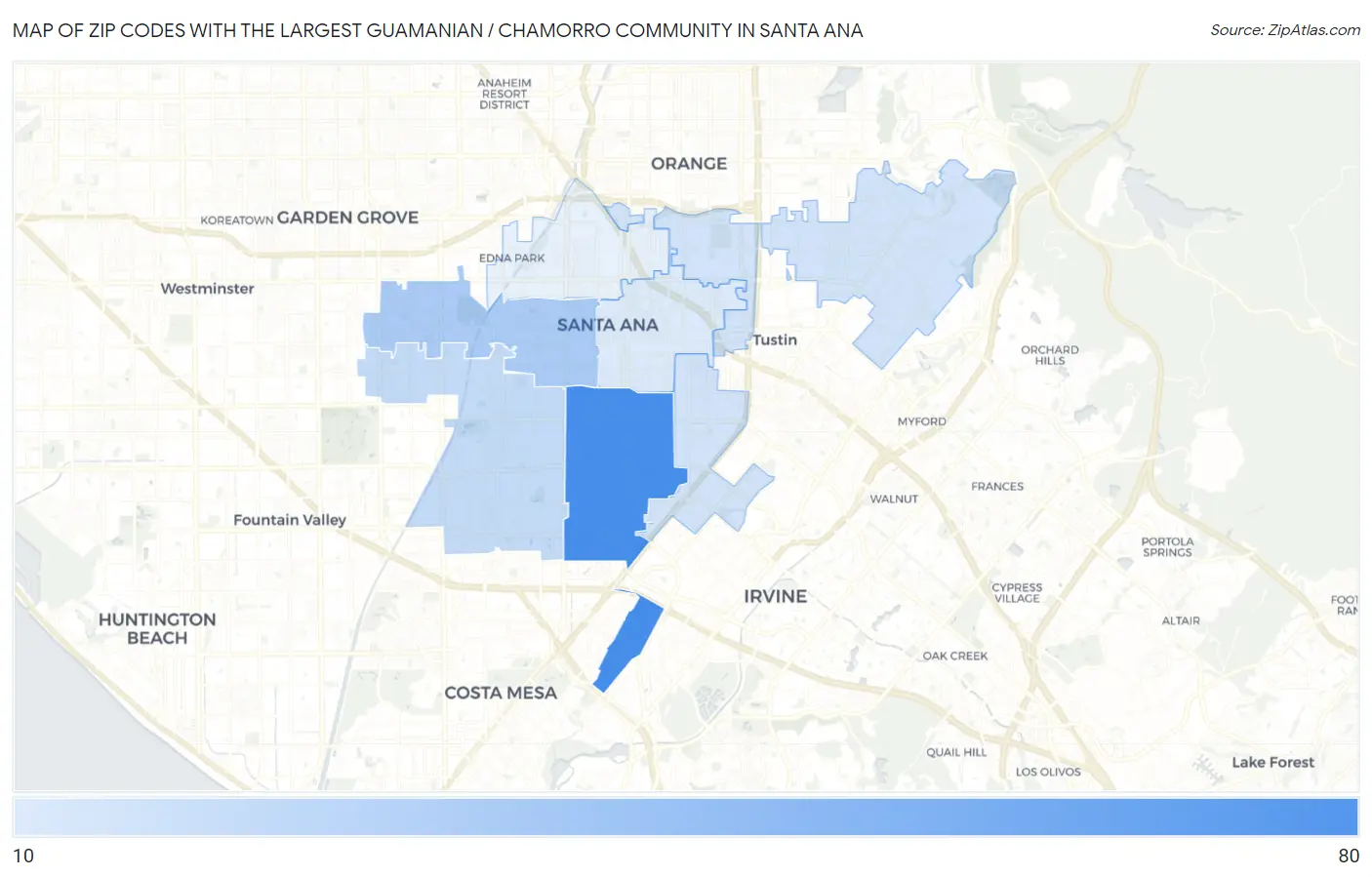 Zip Codes with the Largest Guamanian / Chamorro Community in Santa Ana Map