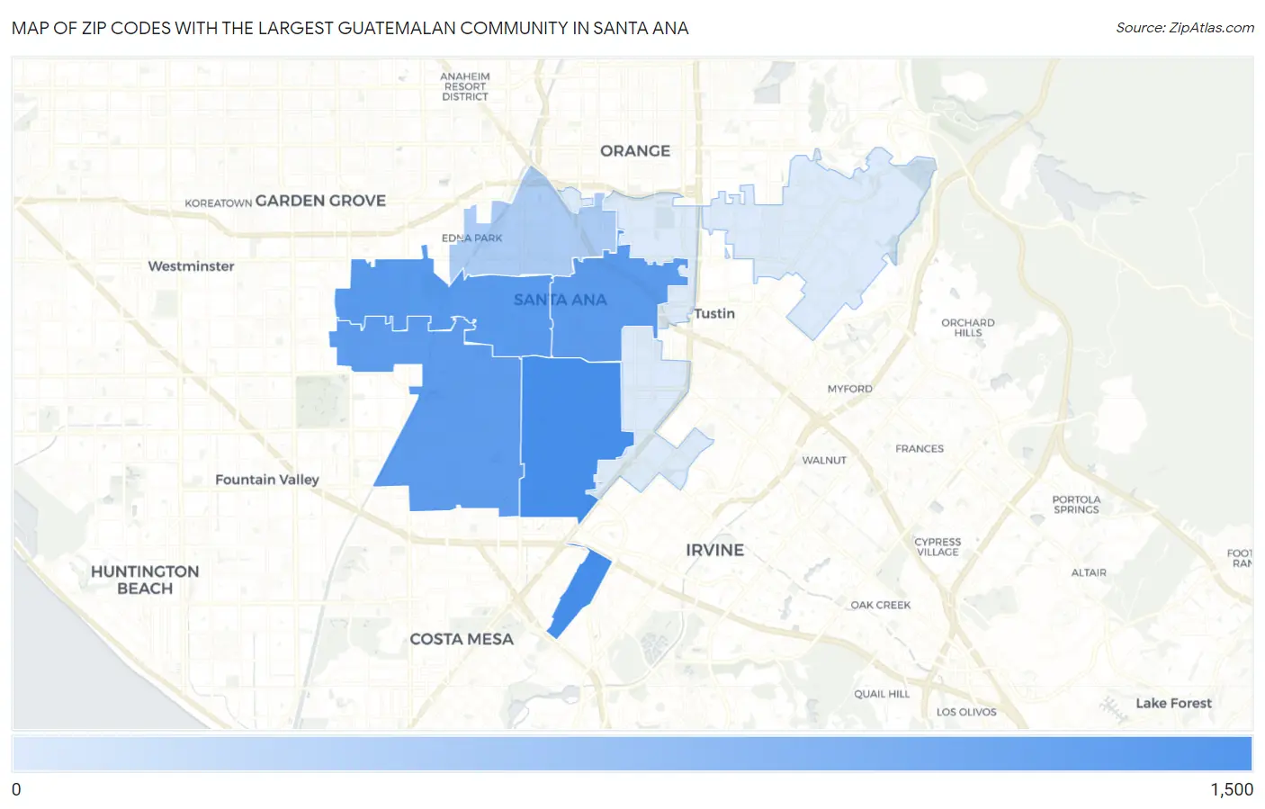 Zip Codes with the Largest Guatemalan Community in Santa Ana Map