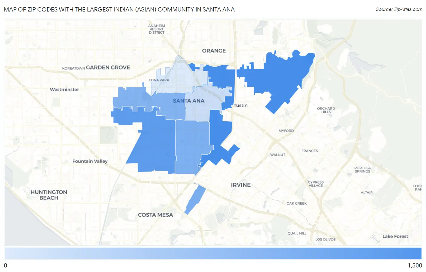Zip Codes with the Largest Indian (Asian) Community in Santa Ana Map