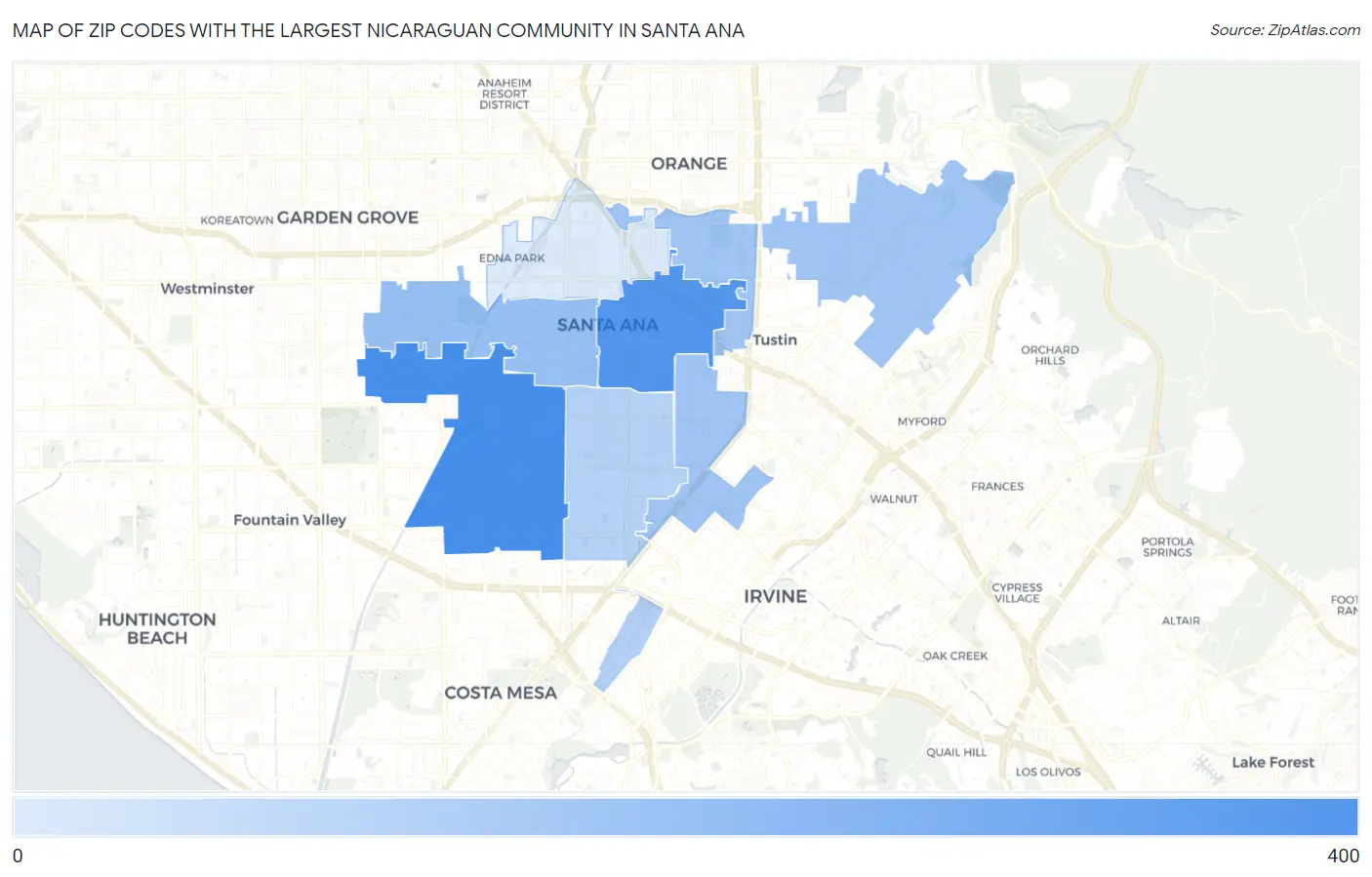 Zip Codes with the Largest Nicaraguan Community in Santa Ana Map